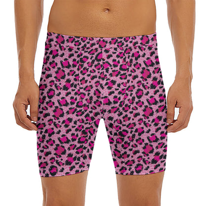 Pink Leopard Print Men's Long Boxer Briefs