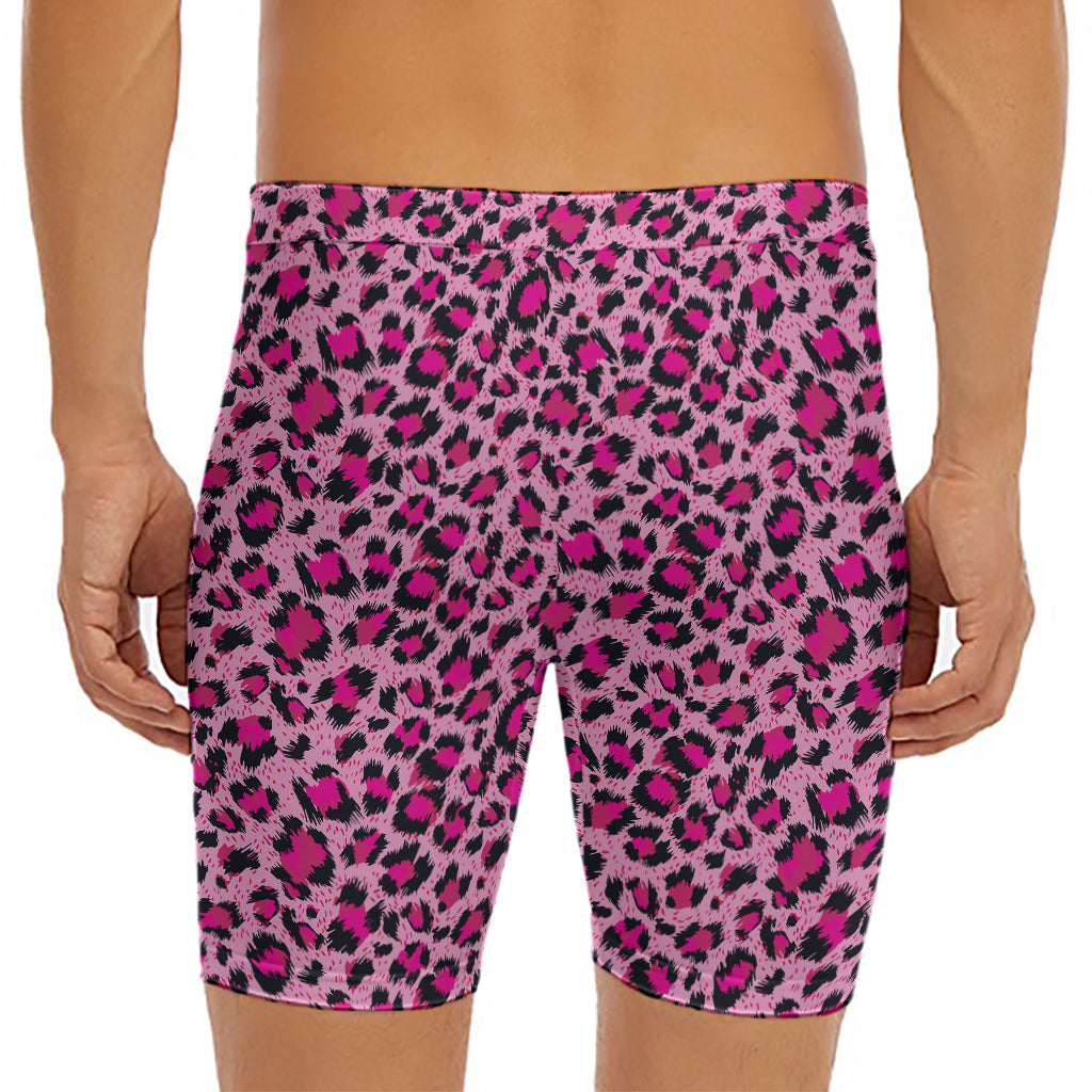 Pink Leopard Print Men's Long Boxer Briefs