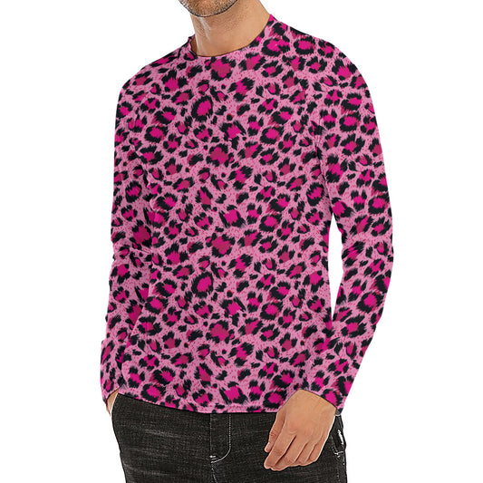 Pink Leopard Print Men's Long Sleeve Rash Guard