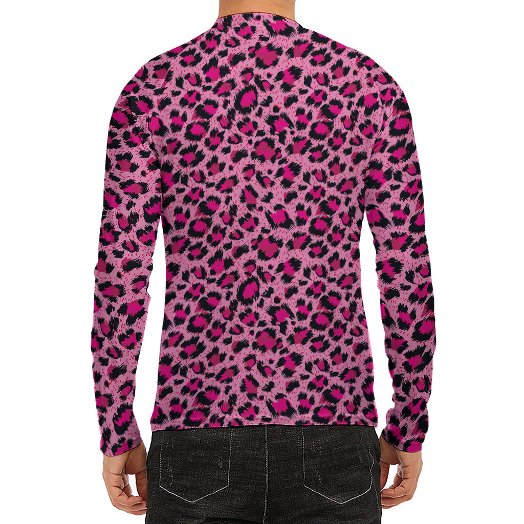 Pink Leopard Print Men's Long Sleeve Rash Guard
