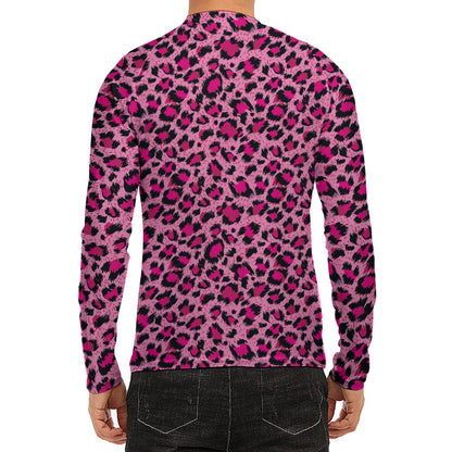 Pink Leopard Print Men's Long Sleeve Rash Guard