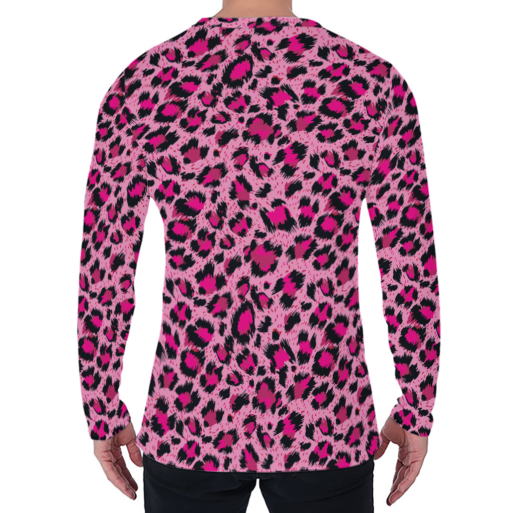 Pink Leopard Print Men's Long Sleeve T-Shirt