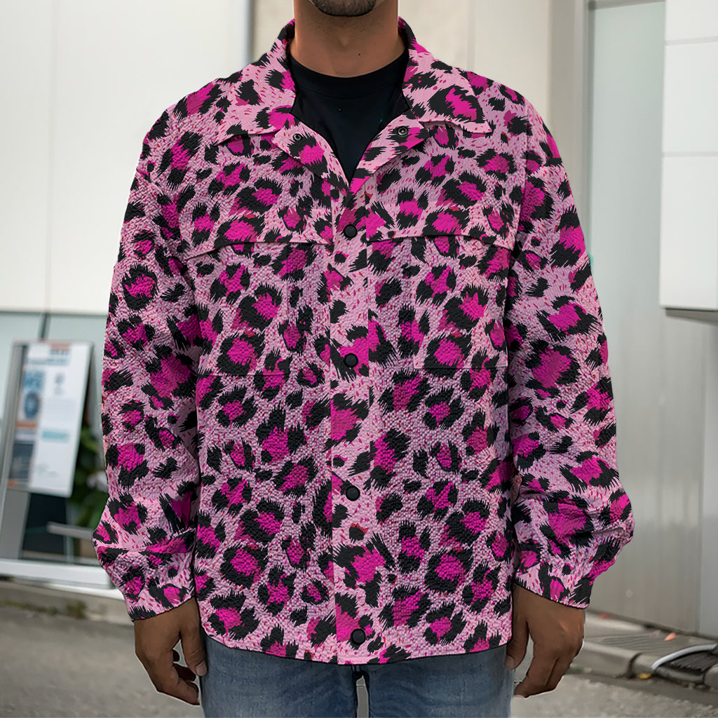 Pink Leopard Print Men's Shirt Jacket
