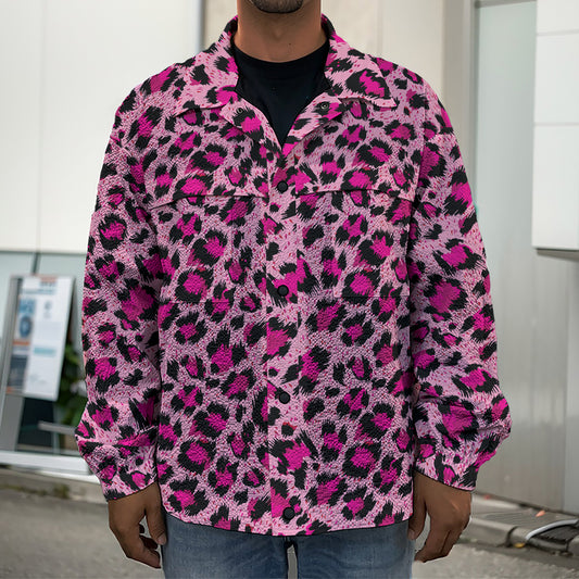 Pink Leopard Print Men's Shirt Jacket