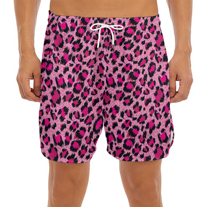 Pink Leopard Print Men's Split Running Shorts