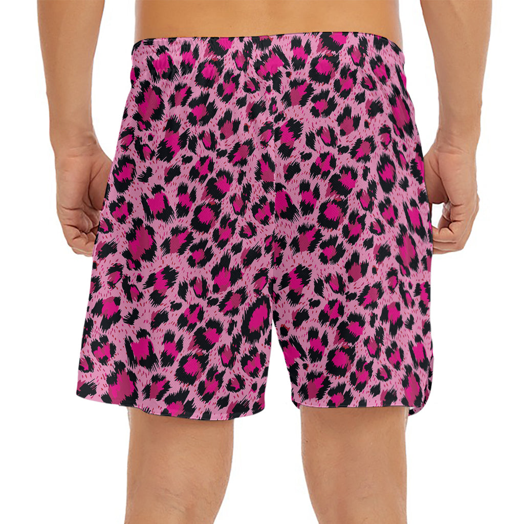 Pink Leopard Print Men's Split Running Shorts