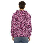 Pink Leopard Print Men's Velvet Pullover Hoodie