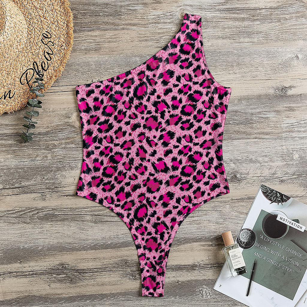 Pink Leopard Print One Shoulder Bodysuit
