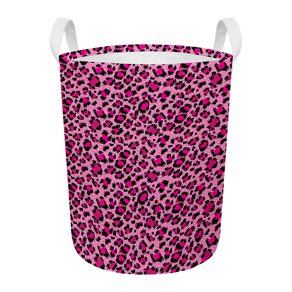 Pink Leopard Print Round Laundry Basket