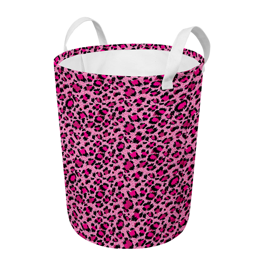 Pink Leopard Print Round Laundry Basket