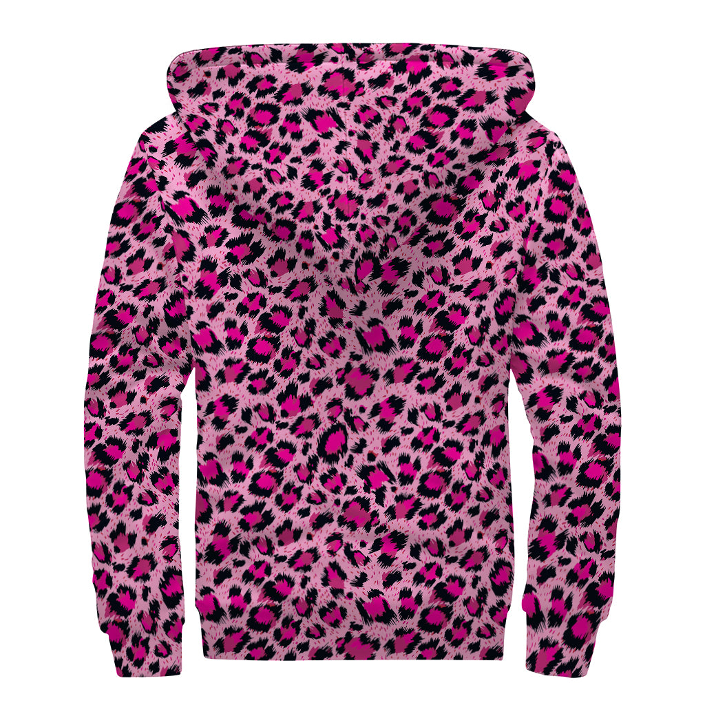 Pink Leopard Print Sherpa Lined Zip Up Hoodie