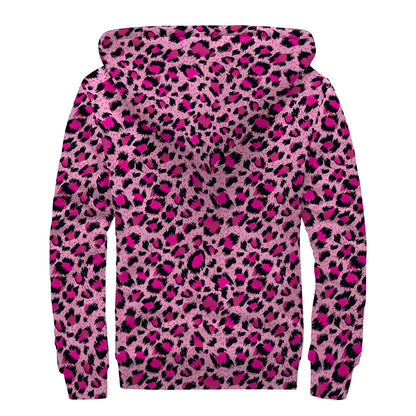 Pink Leopard Print Sherpa Lined Zip Up Hoodie