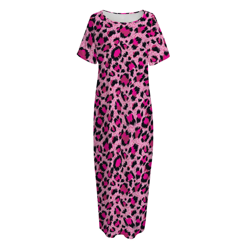 Pink Leopard Print Short Sleeve Long Nightdress