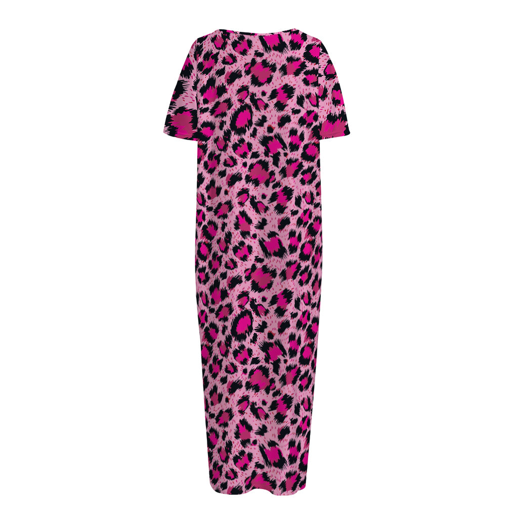 Pink Leopard Print Short Sleeve Long Nightdress