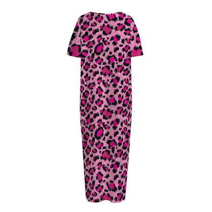 Pink Leopard Print Short Sleeve Long Nightdress