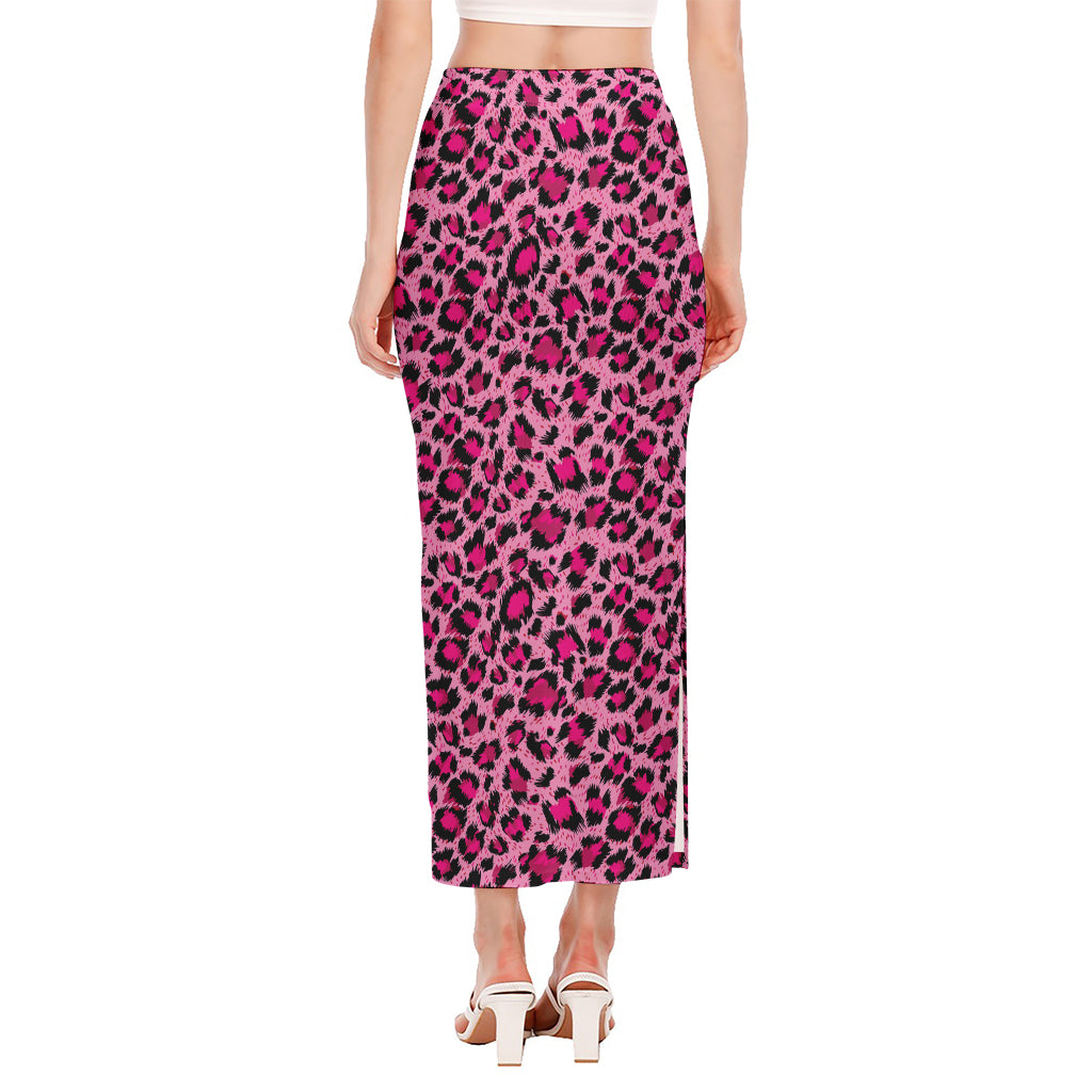 Pink Leopard Print Side Slit Maxi Skirt