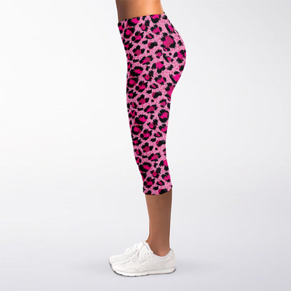 Pink Leopard Print Women's Capri Leggings