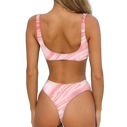 Pink Liquid Marble Print Front Bow Tie Bikini