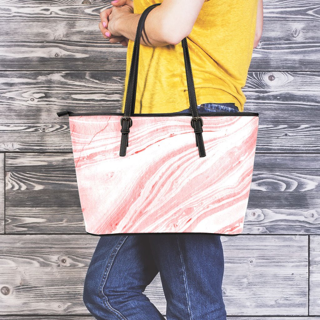 Pink Liquid Marble Print Leather Tote Bag
