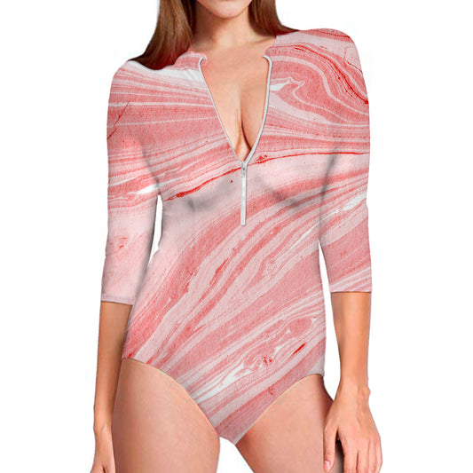 Pink Liquid Marble Print Long Sleeve Swimsuit