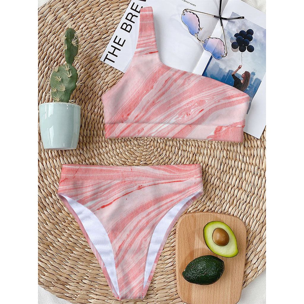 Pink Liquid Marble Print One Shoulder Bikini Top