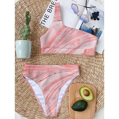 Pink Liquid Marble Print One Shoulder Bikini Top