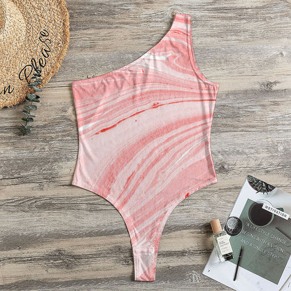 Pink Liquid Marble Print One Shoulder Bodysuit
