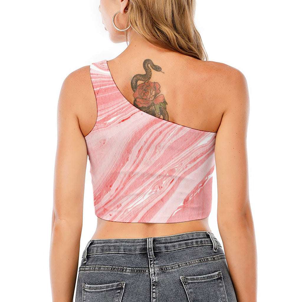 Pink Liquid Marble Print One Shoulder Crop Top