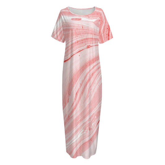 Pink Liquid Marble Print Short Sleeve Long Nightdress