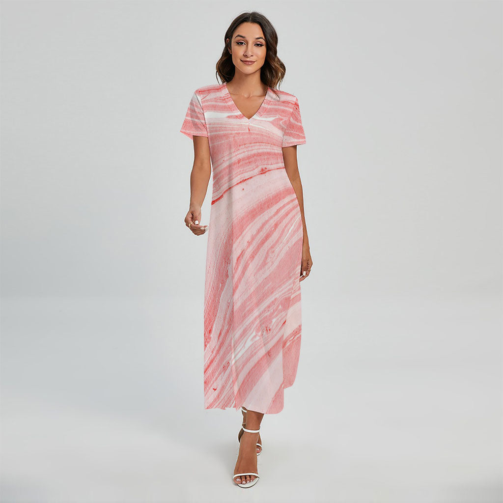 Pink Liquid Marble Print Short Sleeve Maxi Dress