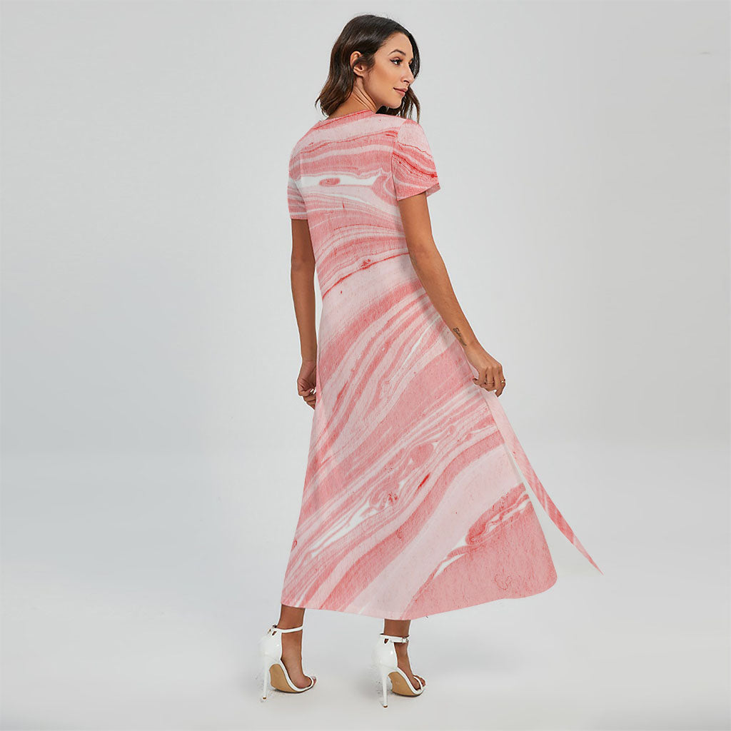 Pink Liquid Marble Print Short Sleeve Maxi Dress