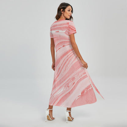 Pink Liquid Marble Print Short Sleeve Maxi Dress