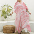Pink Liquid Marble Print Silk V-Neck Kaftan Dress