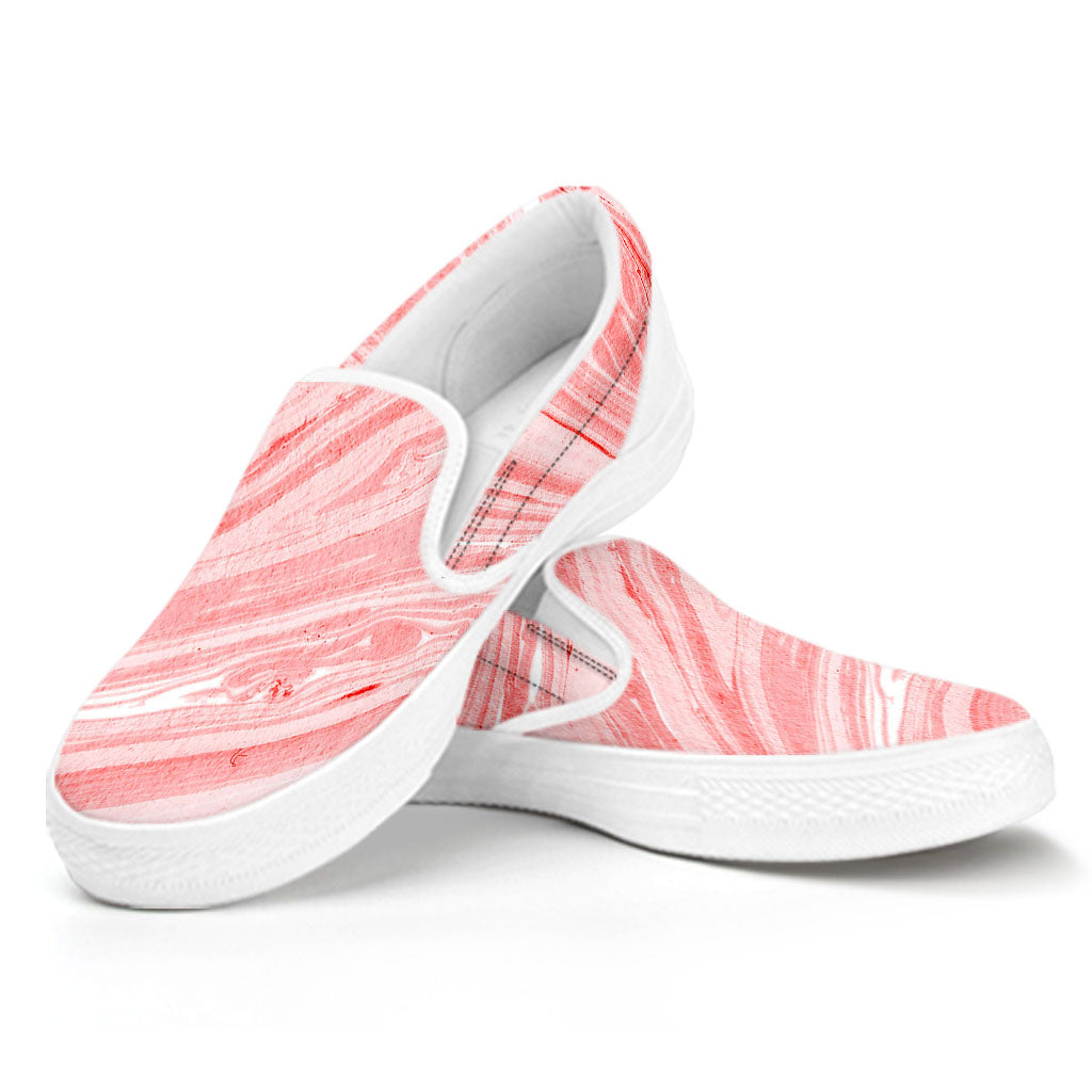 Pink Liquid Marble Print White Slip On Sneakers