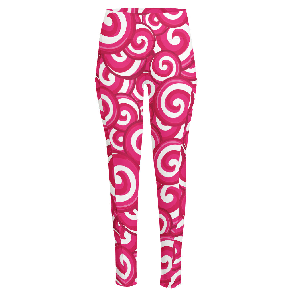 Pink Lollipop Candy Pattern Print High-Waisted Pocket Leggings