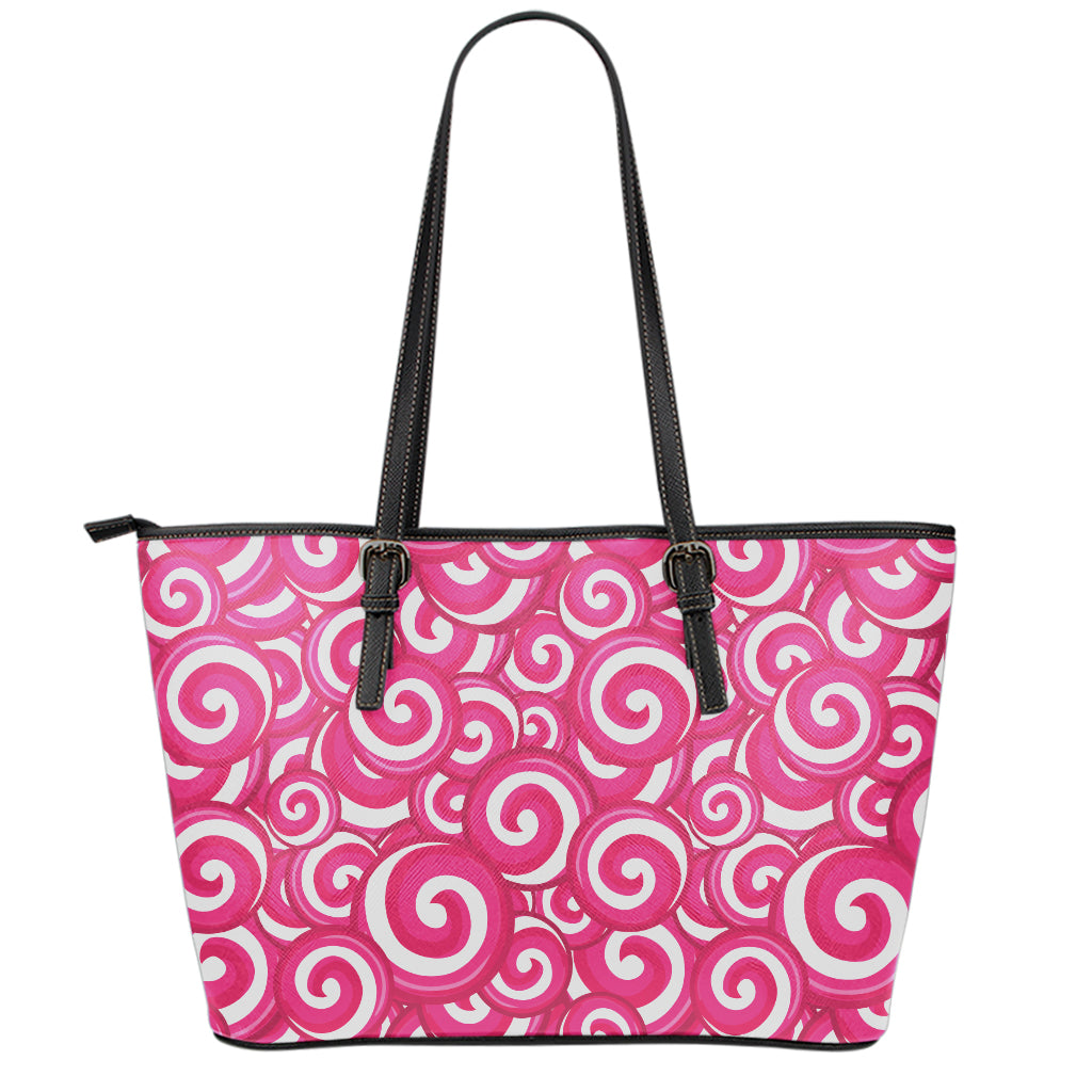 Pink Lollipop Candy Pattern Print Leather Tote Bag
