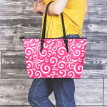 Pink Lollipop Candy Pattern Print Leather Tote Bag