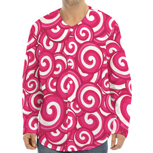 Pink Lollipop Candy Pattern Print Long Sleeve Baseball Jersey