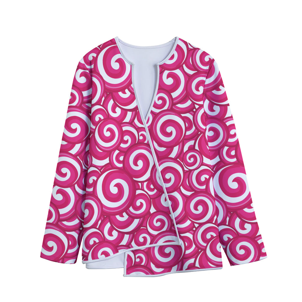 Pink Lollipop Candy Pattern Print Long Sleeve Short Coat