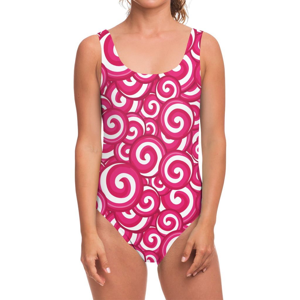 Pink Lollipop Candy Pattern Print One Piece Swimsuit