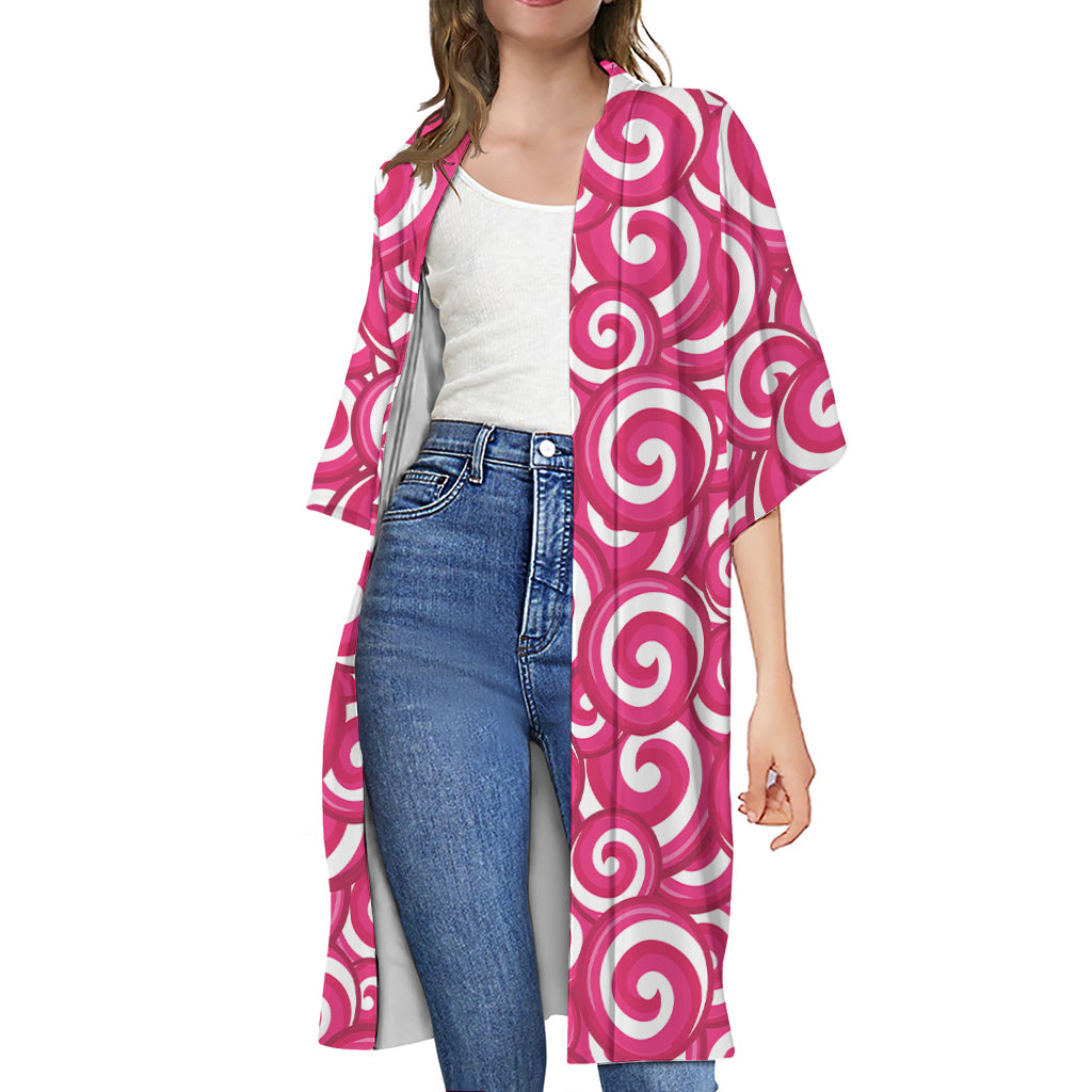 Pink Lollipop Candy Pattern Print Open Front Beach Cover Up