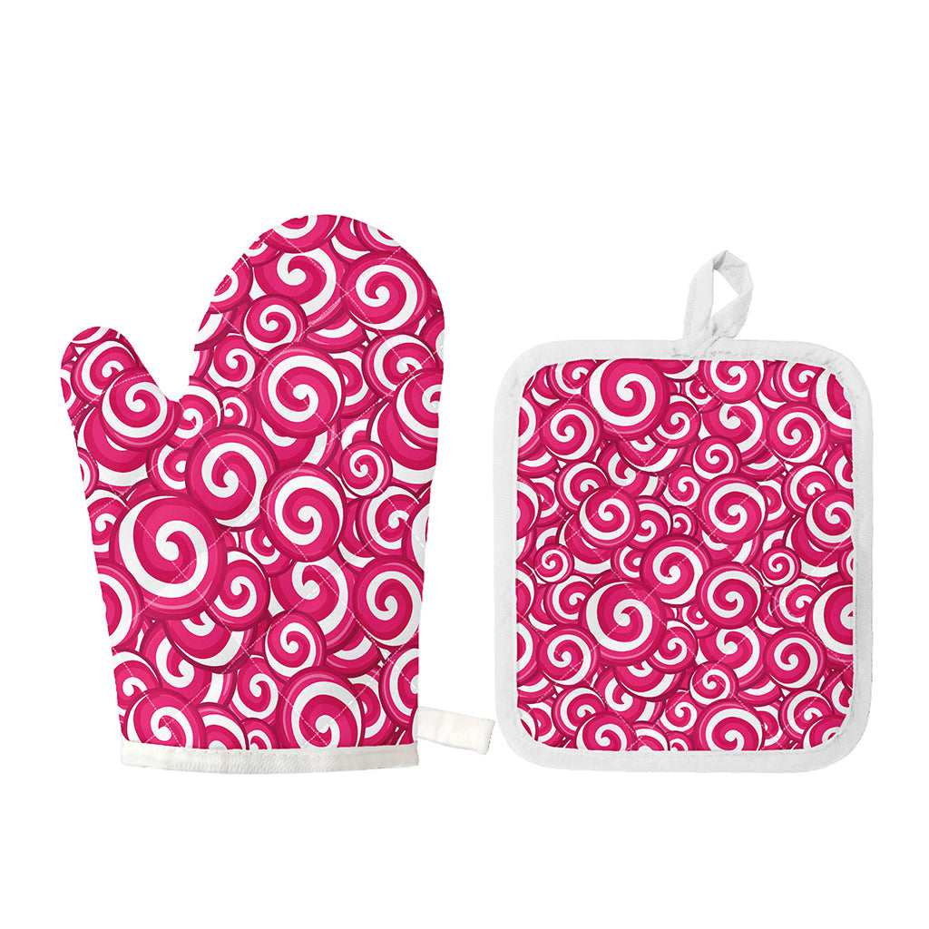Pink Lollipop Candy Pattern Print Oven Mitt And Pot Holder Set