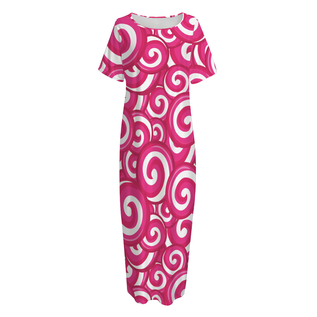 Pink Lollipop Candy Pattern Print Short Sleeve Long Nightdress