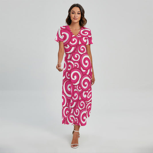 Pink Lollipop Candy Pattern Print Short Sleeve Maxi Dress