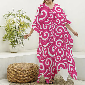 Pink Lollipop Candy Pattern Print Silk V-Neck Kaftan Dress