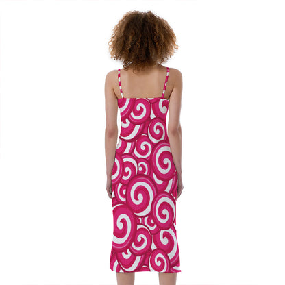 Pink Lollipop Candy Pattern Print Slim Fit Midi Cami Dress