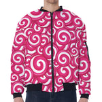 Pink Lollipop Candy Pattern Print Zip Sleeve Bomber Jacket