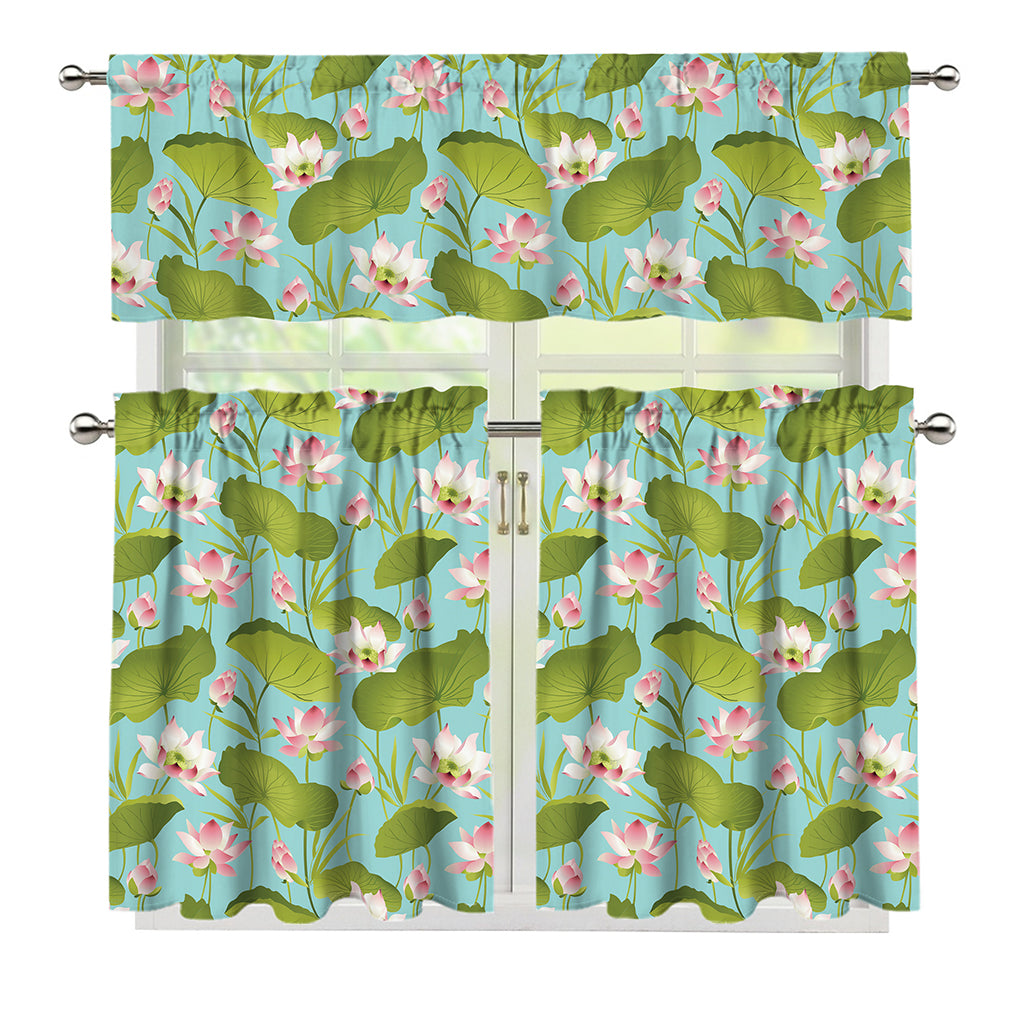 Pink Lotus Pattern Print 3 Piece Kitchen Curtains