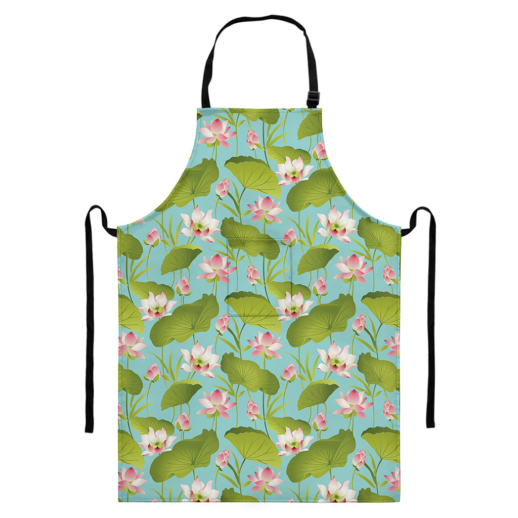 Pink Lotus Pattern Print Bib Apron With Pocket