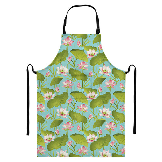 Pink Lotus Pattern Print Bib Apron With Pocket